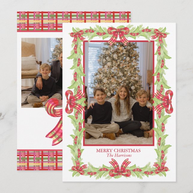 Tarjeta Festiva Navidades de acuarela Juegan a Bow Garland (Anverso / Reverso)