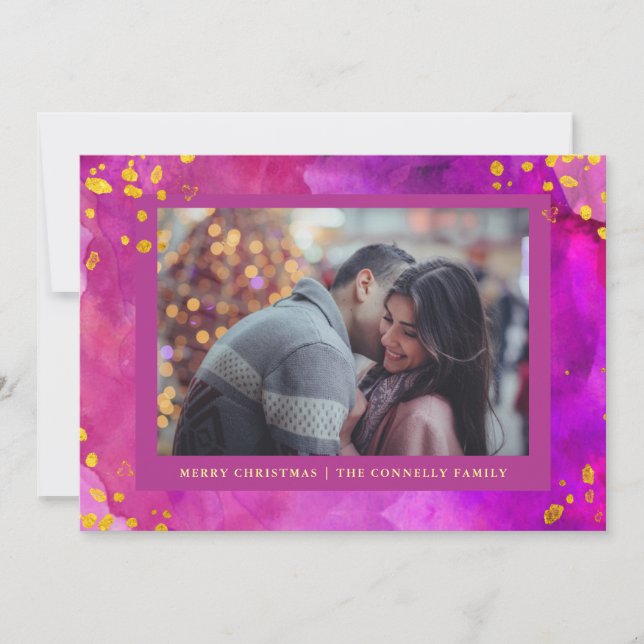 Tarjeta Festiva Navidades de acuarela magenta con oro | Foto (Anverso)