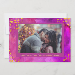 Tarjeta Festiva Navidades de acuarela magenta con oro | Foto
