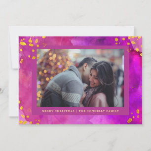 Tarjeta Festiva Navidades de acuarela magenta con oro Foto