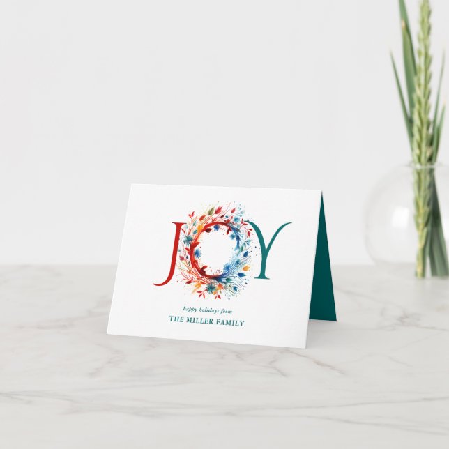 Tarjeta Festiva Navidades de acuarela moderna JOY Wreath botánica (Anverso)