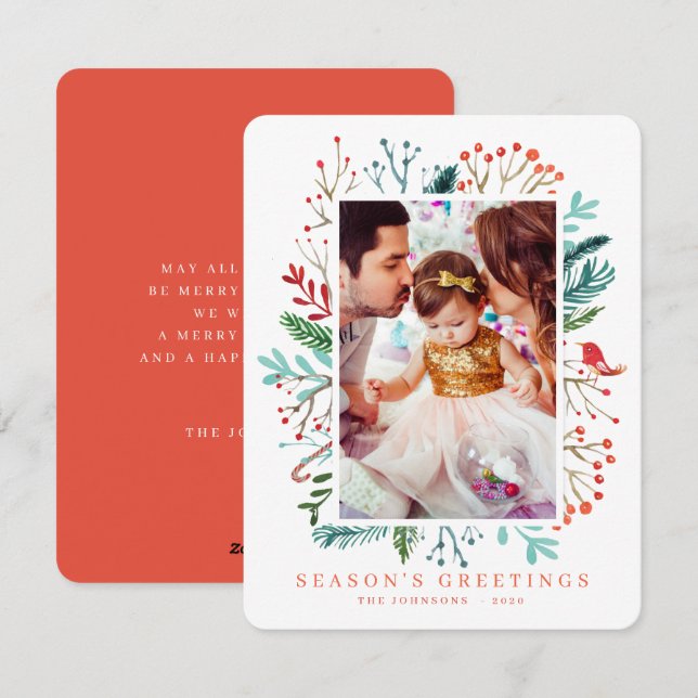 Tarjeta Festiva Navidades de acuarela modernos Foliage Botanicals (Anverso / Reverso)