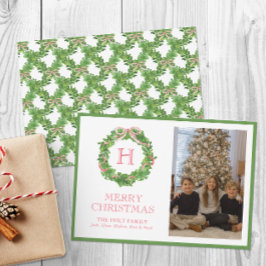 Tarjeta Festiva Navidades de acuarela Monograma Bow Wreath Photo