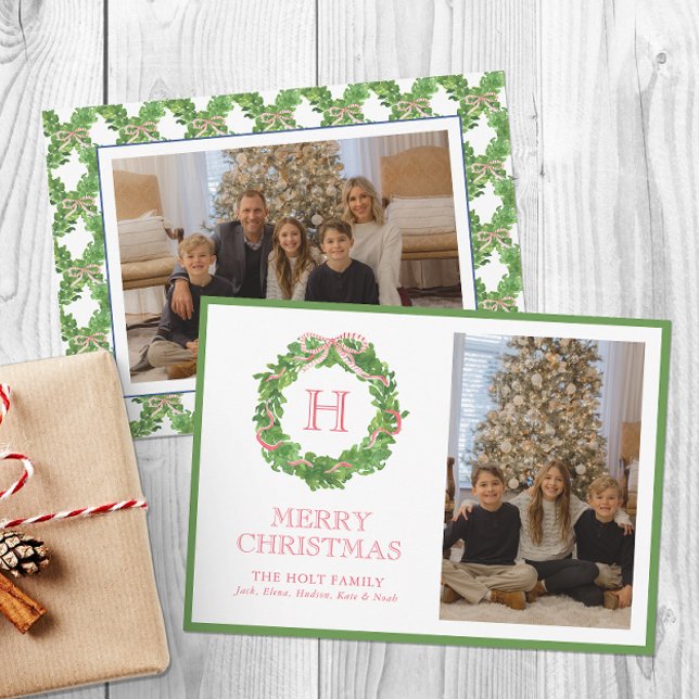 Tarjeta Festiva Navidades de acuarela Monograma Bow Wreath Photo (Subido por el creador)