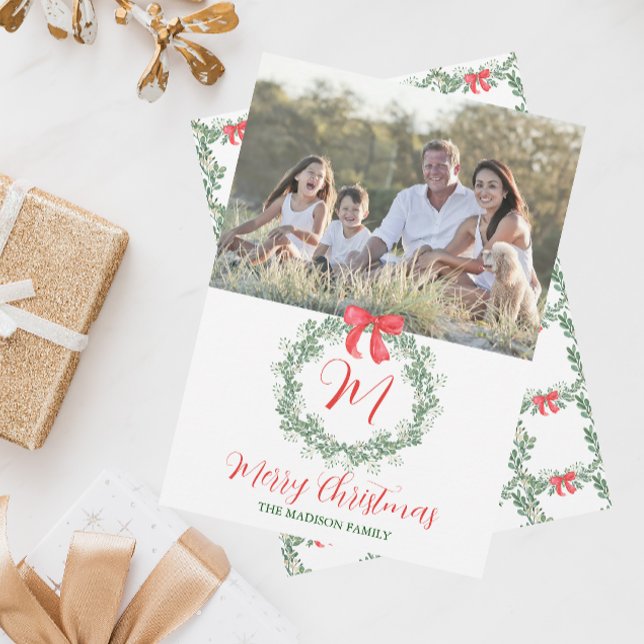 Tarjeta Festiva Navidades de acuarela Monograma Wreath (Subido por el creador)