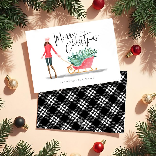 Tarjeta Festiva Navidades de acuarela navideña Chica Sleigh (Merry Christmas Watercolor Christmas Girl Sleigh Holiday Card)