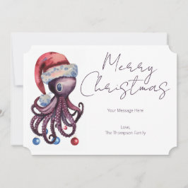 Tarjeta Festiva Navidades de acuarela Octopus usando un sombrero S