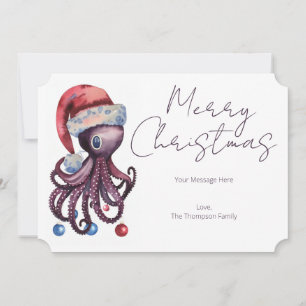 Tarjeta Festiva Navidades de acuarela Octopus usando un sombrero S