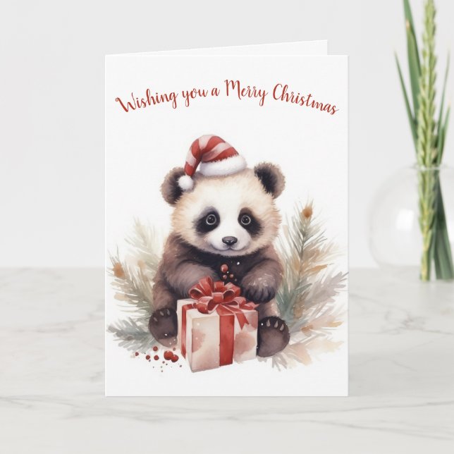 Tarjeta Festiva Navidades De Acuarela Panda Bear Con Regalos (Anverso)