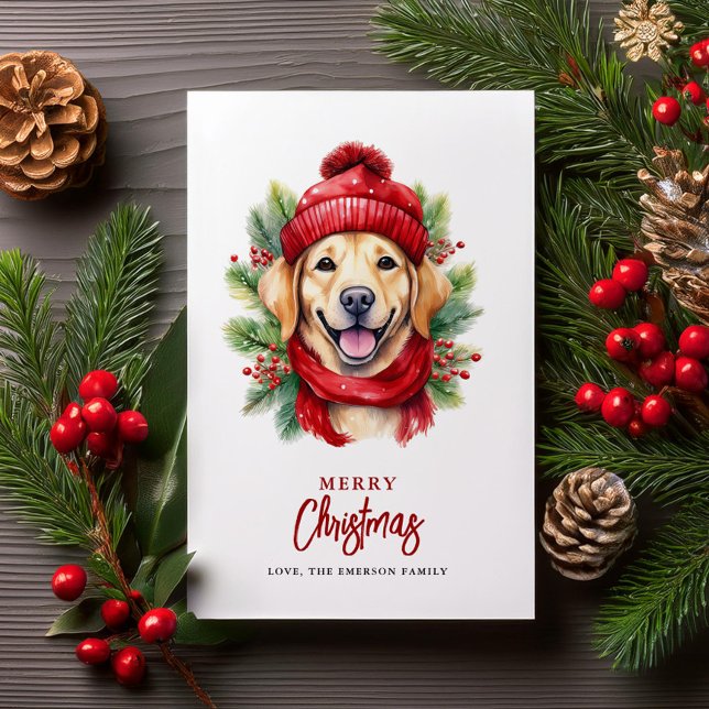 Tarjeta Festiva Navidades de acuarela Perro de Labrador Amarillo (Subido por el creador)