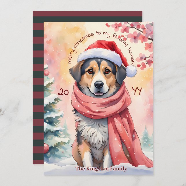 Tarjeta Festiva Navidades de acuarela Perro Feliz Deseos de Navida (Anverso / Reverso)