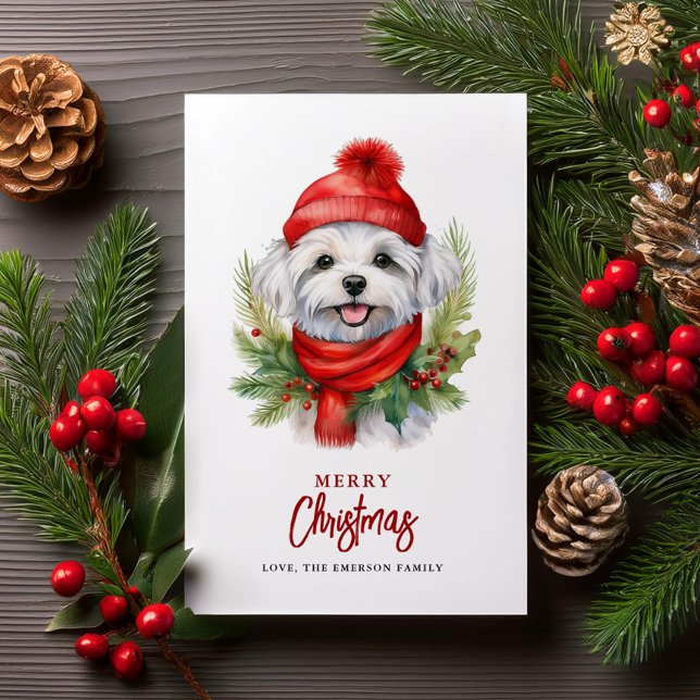 Tarjeta Festiva Navidades de acuarela Perro maltés (Subido por el creador)