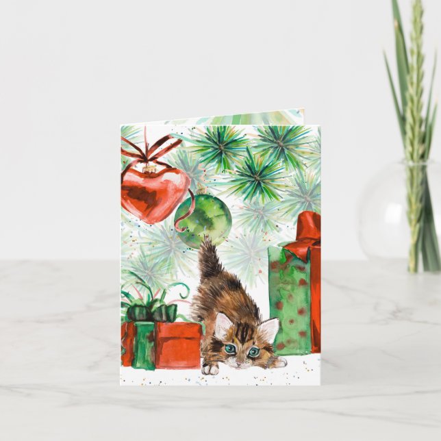 Tarjeta Festiva Navidades de acuarela Presentes de árbol gatito (Anverso)