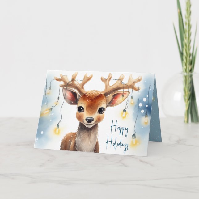 Tarjeta Festiva Navidades De Acuarela Reindean En Luces Enredadas (Anverso)