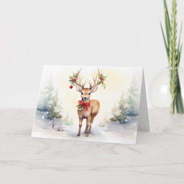 Tarjeta Festiva Navidades de acuarela reno (Anverso)