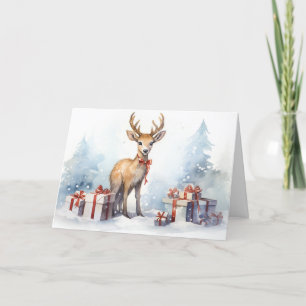 Tarjeta Festiva Navidades de acuarela reno con regalos