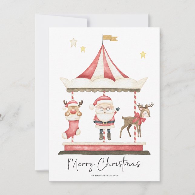 Tarjeta Festiva Navidades de acuarela Santa Claus Carousel (Anverso)