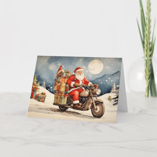 Tarjeta Festiva Navidades de acuarela Santa Claus en motocicleta (Anverso)