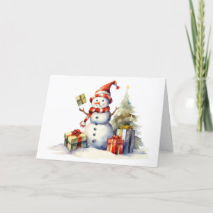 Tarjeta Festiva Navidades De Acuarela Snowman Con Regalos