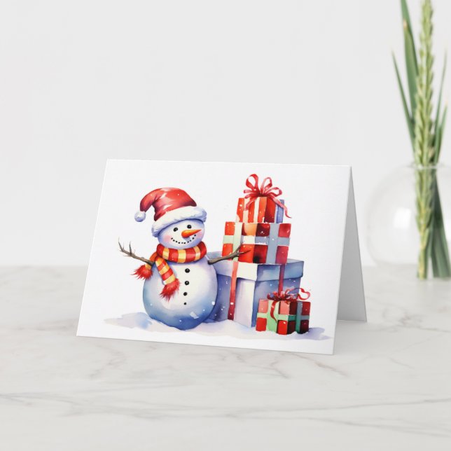 Tarjeta Festiva Navidades De Acuarela Snowman Con Regalos (Anverso)