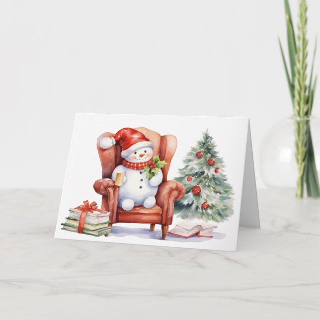 Tarjeta Festiva Navidades De Acuarela Snowman En Silla Roja (Anverso)