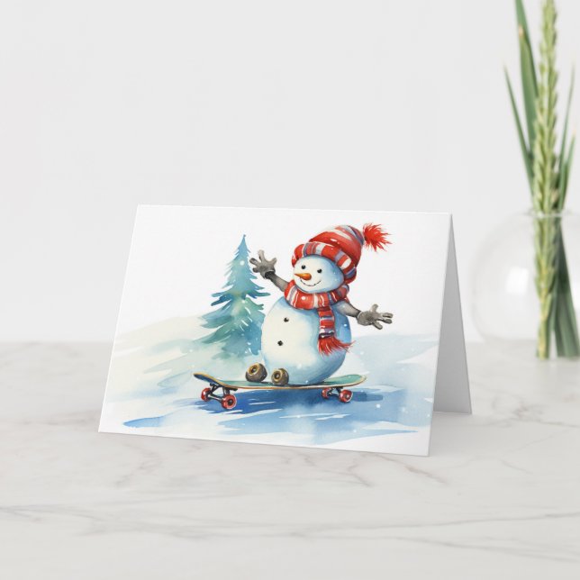 Tarjeta Festiva Navidades De Acuarela Snowman En Un Skateboard (Anverso)