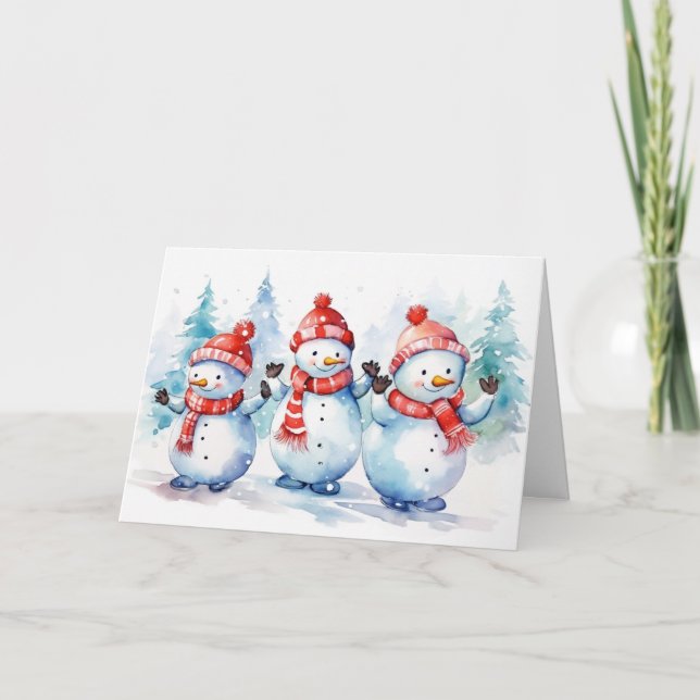 Tarjeta Festiva Navidades de acuarela Snowmen (Anverso)