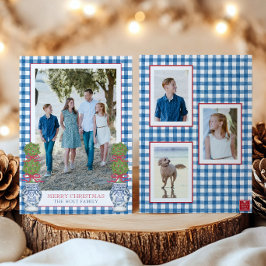 Tarjeta Festiva Navidades de acuarela Topiary Gingham Photo
