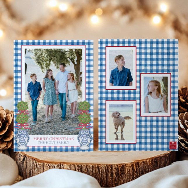 Tarjeta Festiva Navidades de acuarela Topiary Gingham Photo (Subido por el creador)