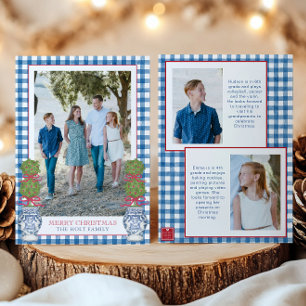 Tarjeta Festiva Navidades de acuarela Topiary Gingham Photo