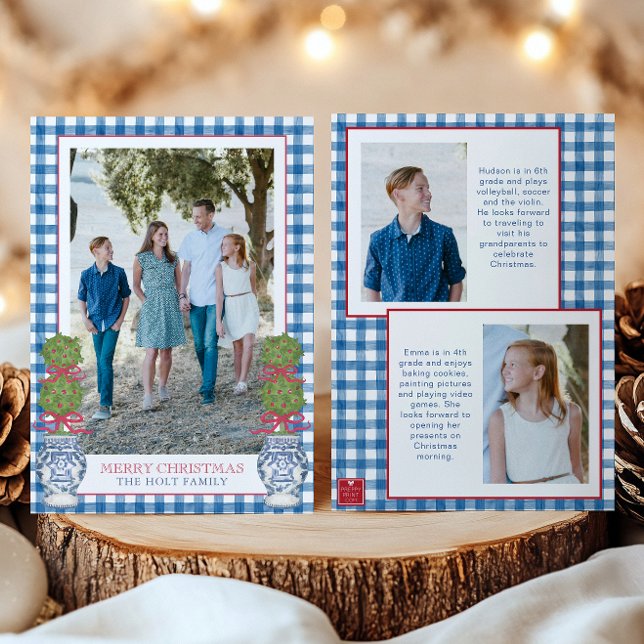 Tarjeta Festiva Navidades de acuarela Topiary Gingham Photo (Subido por el creador)