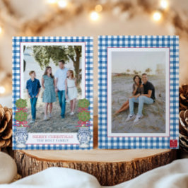Tarjeta Festiva Navidades de acuarela Topiary Gingham Photo