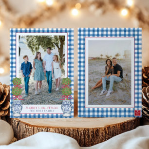 Tarjeta Festiva Navidades de acuarela Topiary Gingham Photo