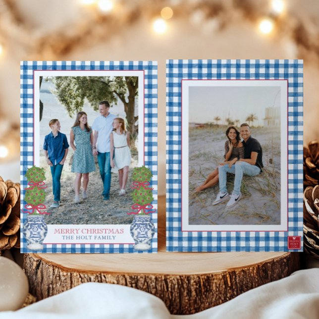 Tarjeta Festiva Navidades de acuarela Topiary Gingham Photo (Subido por el creador)
