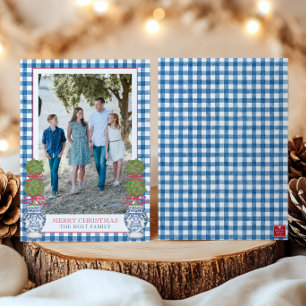 Tarjeta Festiva Navidades de acuarela Topiary Gingham Photo
