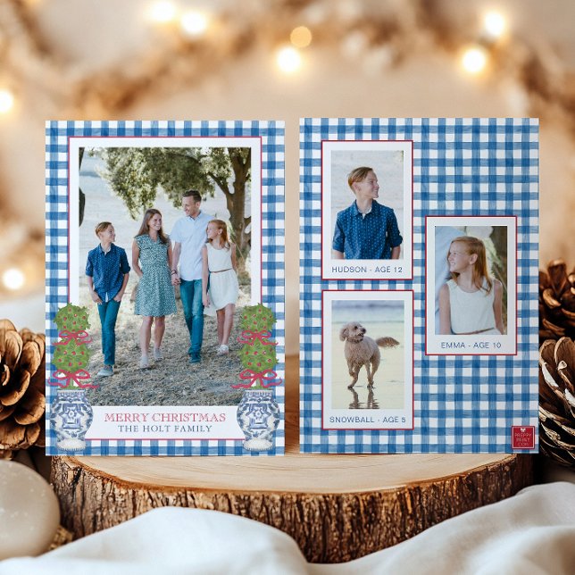 Tarjeta Festiva Navidades de acuarela Topiary Gingham Photo (Subido por el creador)