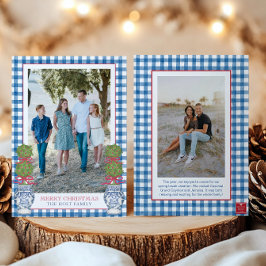 Tarjeta Festiva Navidades de acuarela Topiary Gingham Photo