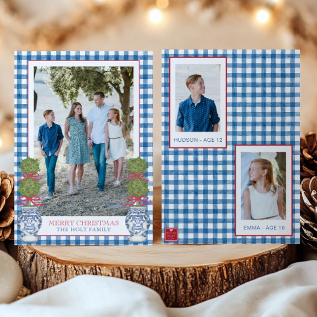 Tarjeta Festiva Navidades de acuarela Topiary Gingham Photo (Subido por el creador)