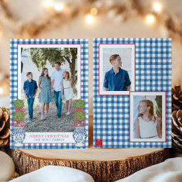 Tarjeta Festiva Navidades de acuarela Topiary Gingham Photo