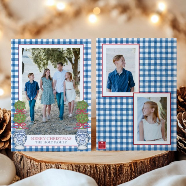 Tarjeta Festiva Navidades de acuarela Topiary Gingham Photo (Subido por el creador)