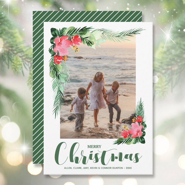 Tarjeta Festiva Navidades de acuarela tropical floral (Tropical Floral Watercolor Christmas Photo Holiday Cards INSTANT DOWNLOAD and/or PRINTED)