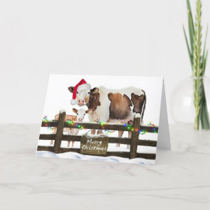 Tarjeta Festiva Navidades de acuarela vacas con Gorra