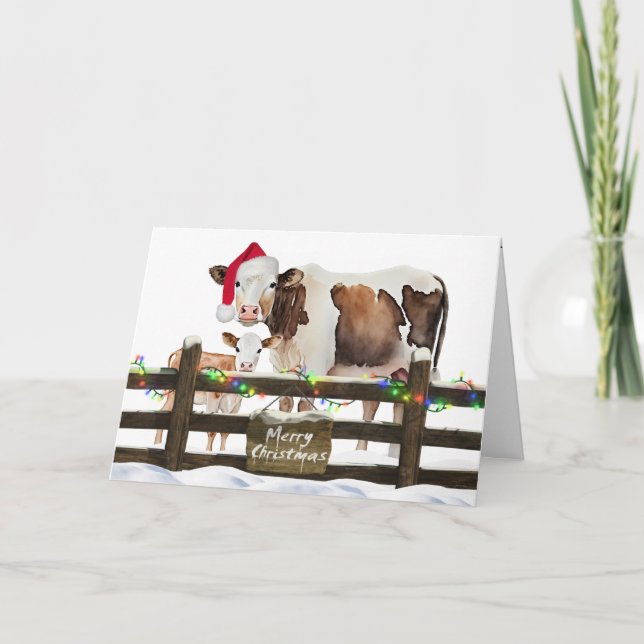 Tarjeta Festiva Navidades de acuarela vacas con Gorra (Anverso)
