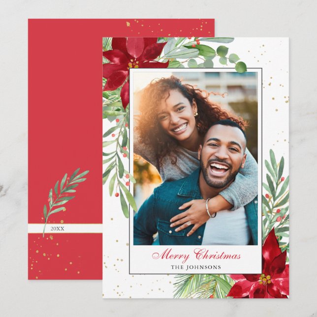 Tarjeta Festiva Navidades de acuarela Verde + Oro (Anverso / Reverso)