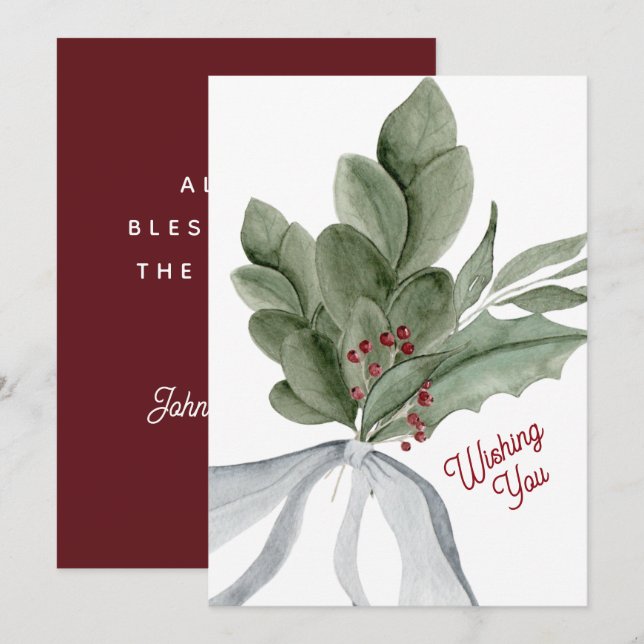 Tarjeta Festiva Navidades de acuarela verde personalizado (Anverso / Reverso)