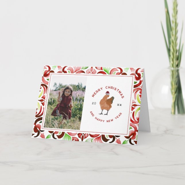 Tarjeta Festiva Navidades de acuarela verde y roja de pollo (Anverso)