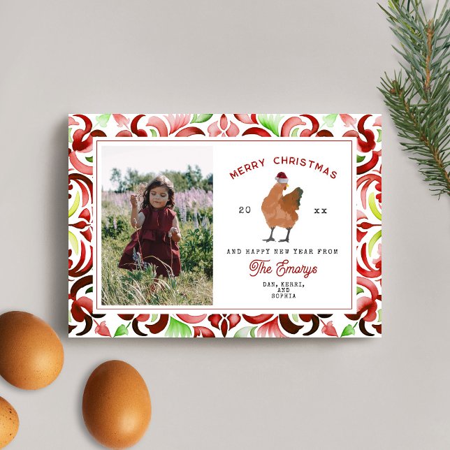 Tarjeta Festiva Navidades de acuarela verde y roja de pollo (Subido por el creador)