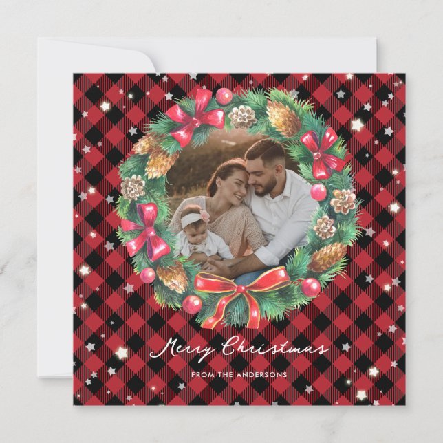 Tarjeta Festiva Navidades de acuarela Wreath Stars Red Plaid Photo (Anverso)