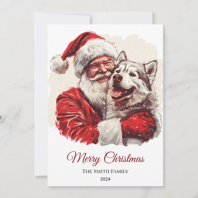 Tarjeta Festiva Navidades de Alaskan Malamute Santa Claus (Anverso)
