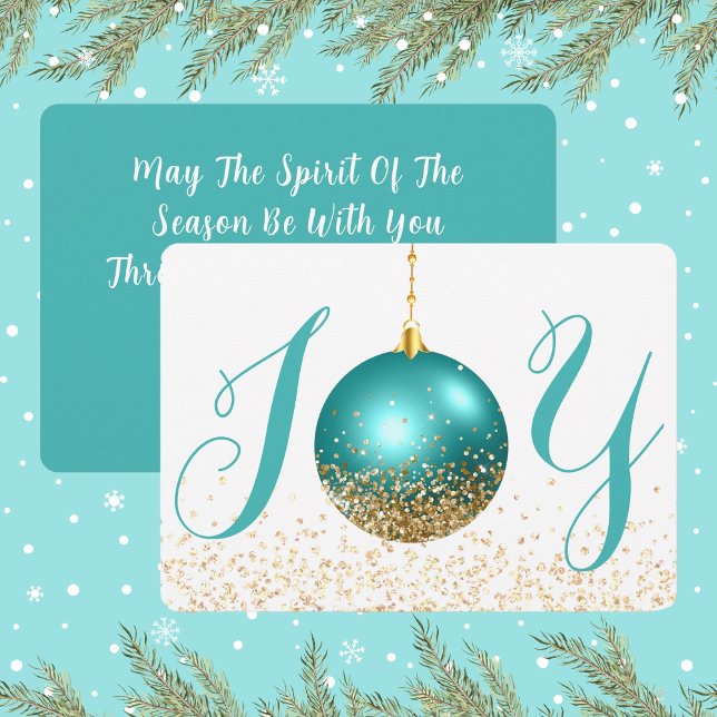 Tarjeta Festiva Navidades de Alegría de Ornamento Turquesa Saludan (Joy In Turquoise and Gold Look Glitter Christmas Holiday Card)